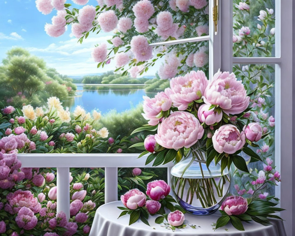 Pink peonies in vase on table with scenic lake view through window