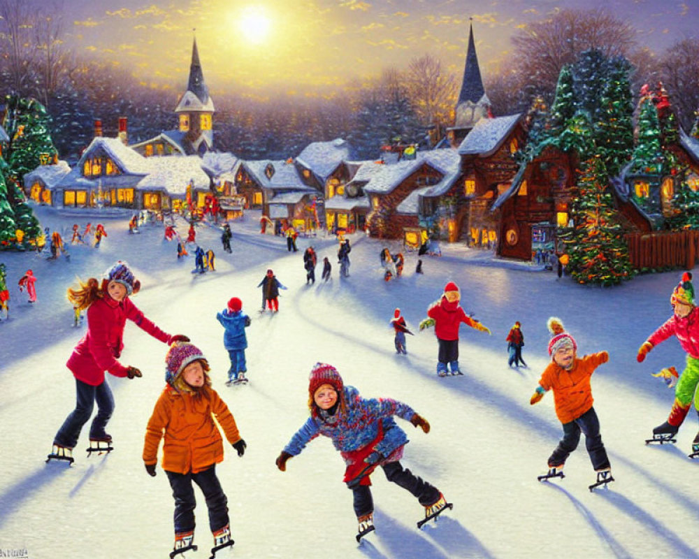 Winter village scene: people ice skating, snow-covered cottages, lit trees, golden church spire