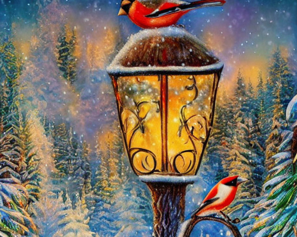Red cardinal on snow-covered lantern in snowy pine forest under starry night sky