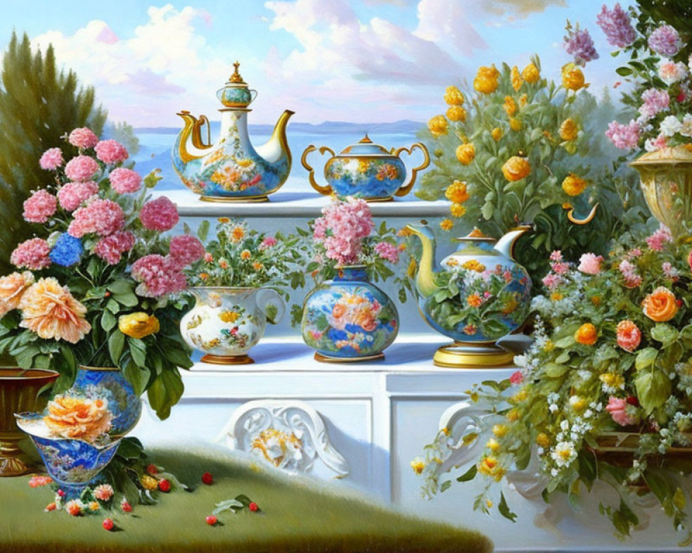 Colorful Still Life Painting with Teapot, Cups, Vases, and Floral Bouquets
