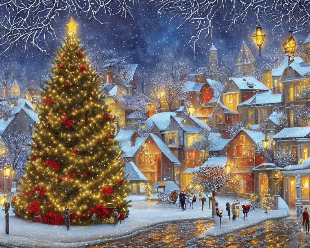 Winter scene with glowing Christmas tree and snow-covered houses.