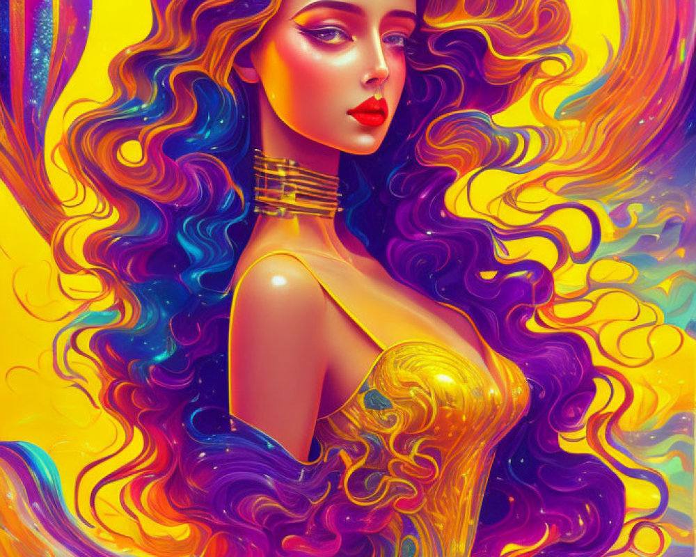 Colorful digital artwork: Woman with curly hair in golden dress amidst abstract swirls