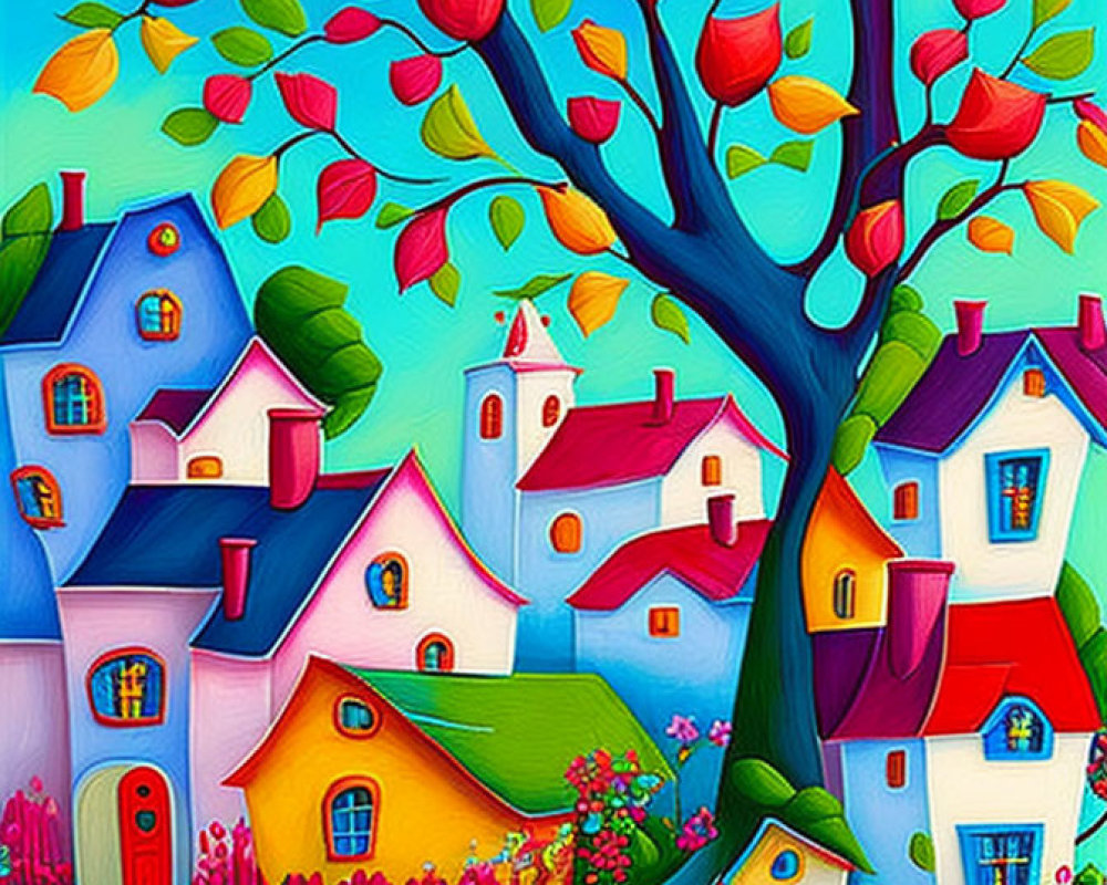 Colorful painting of whimsical houses under red tree against blue sky
