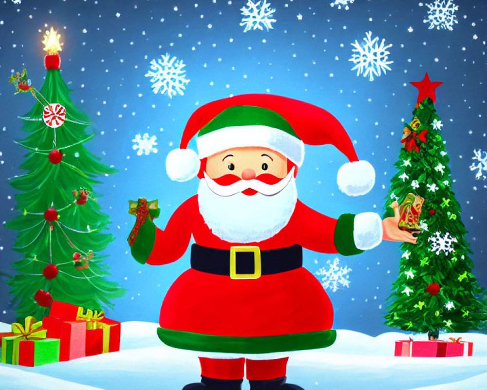 Santa Claus with bell and candy cane in snowy scene with Christmas tree and gifts.
