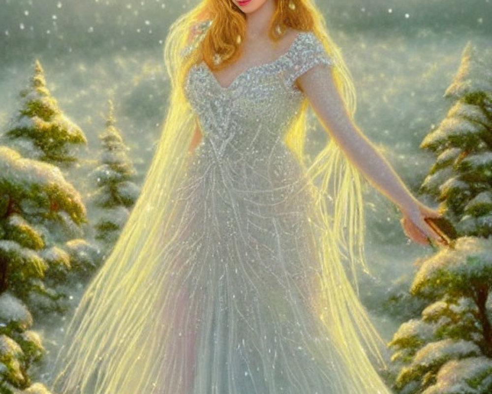 Woman in Sparkling Gown and Tiara in Snowy Landscape