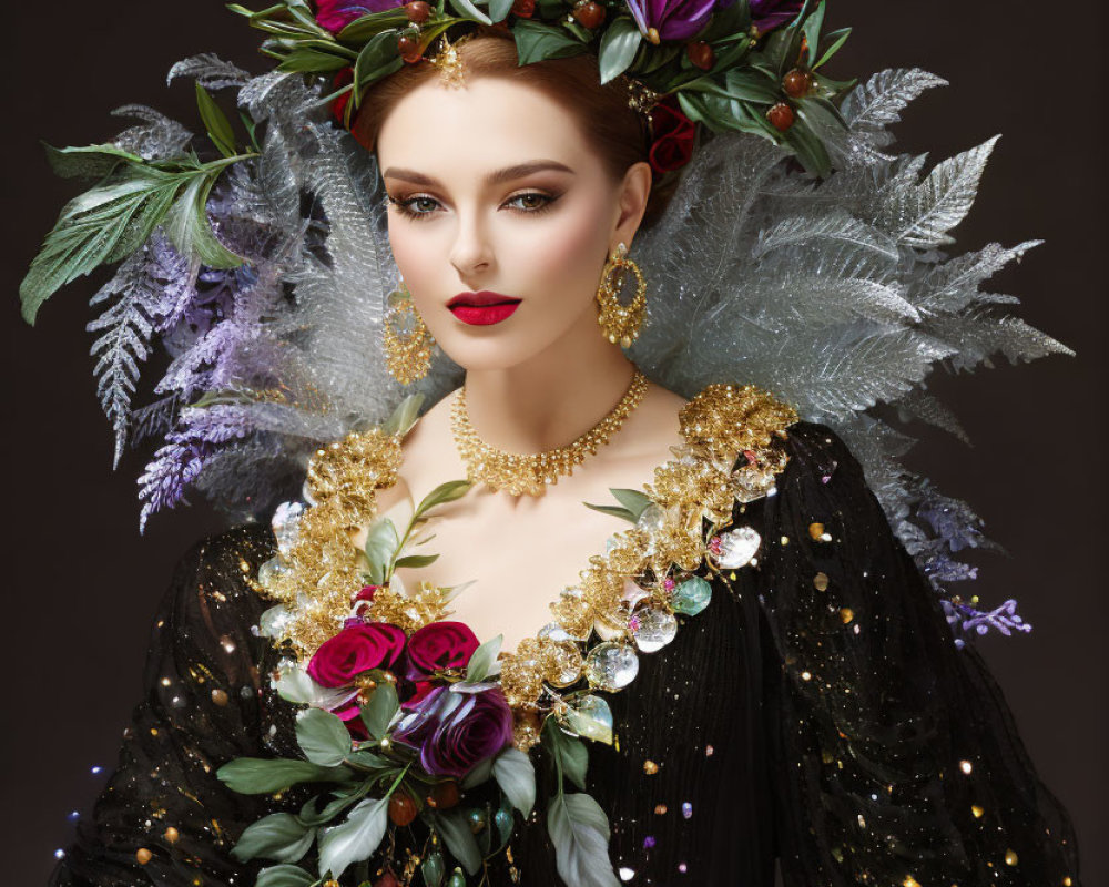 Woman with Floral Crown and Elegant Attire: Silver Fern Accessories, Golden Accents, Bold Jewelry