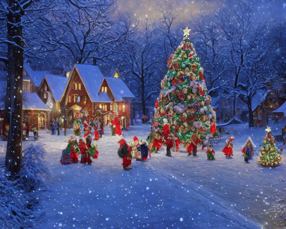 Snowy Christmas Village with People and Lit Tree