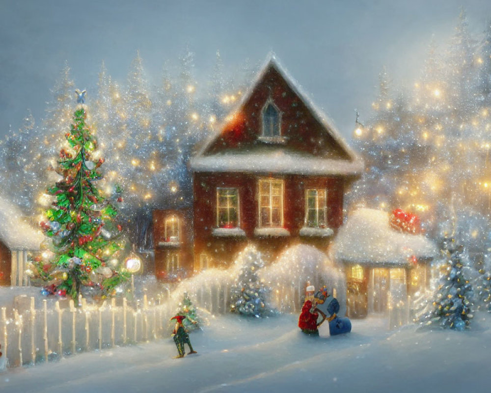 Snow-covered house, decorated tree, winter activities in festive holiday scene