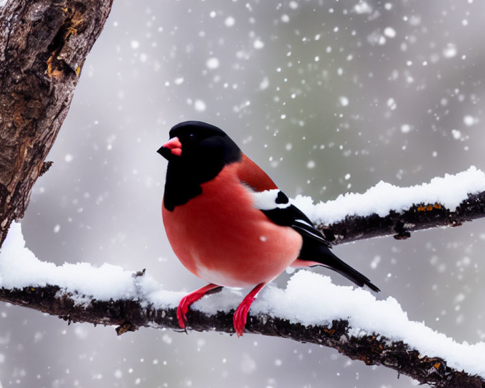 Colorful Bullfinch on Snow-Covered Branch in Winter