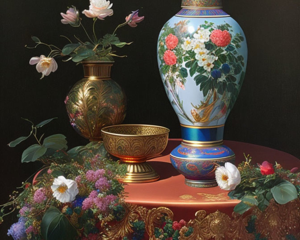 Colorful still life painting with blue vase, bronze pot, and gold bowl on red table