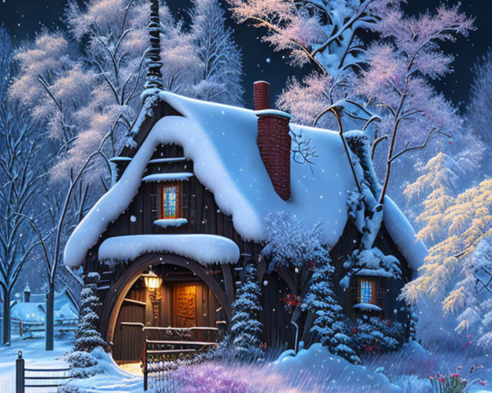 Snow-covered cottage at night with warm glow, snowy trees, lit lamppost.
