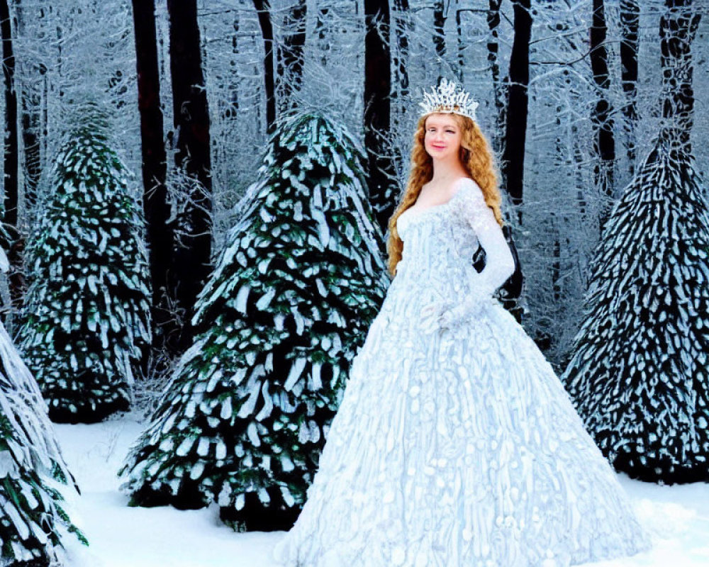 Snowflake-patterned gown woman in tiara amid snow-covered pine trees
