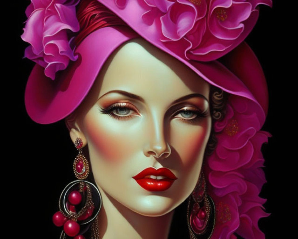 Sophisticated woman in pink floral hat with striking makeup
