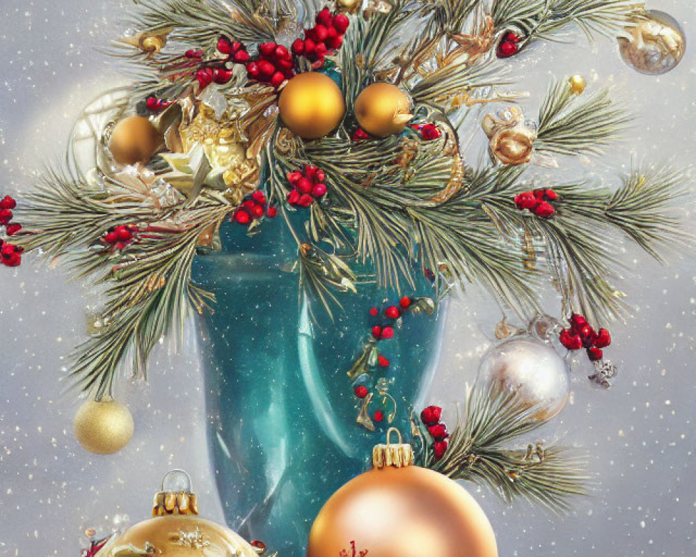 Gold and White Christmas Ornaments with Pine Branches and Red Berries in Teal Vase