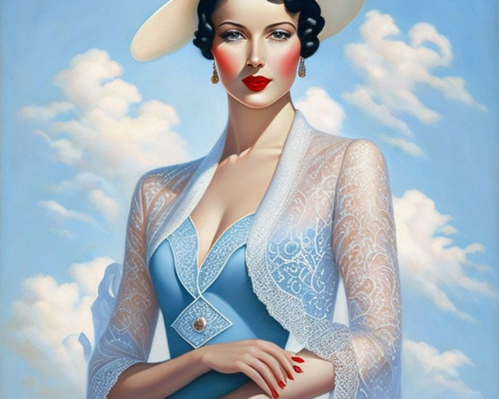Illustration of elegant woman in blue dress and wide-brimmed hat against cloudy sky