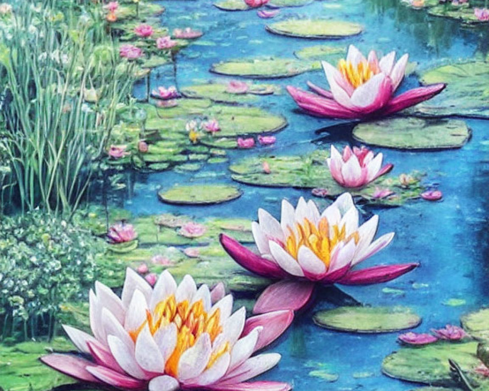 Tranquil water lily pond with pink and white flowers