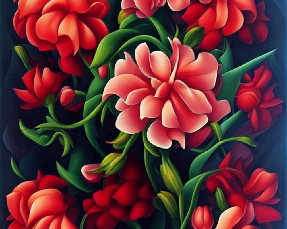 Colorful Floral Painting with Red and Pink Flowers on Dark Background