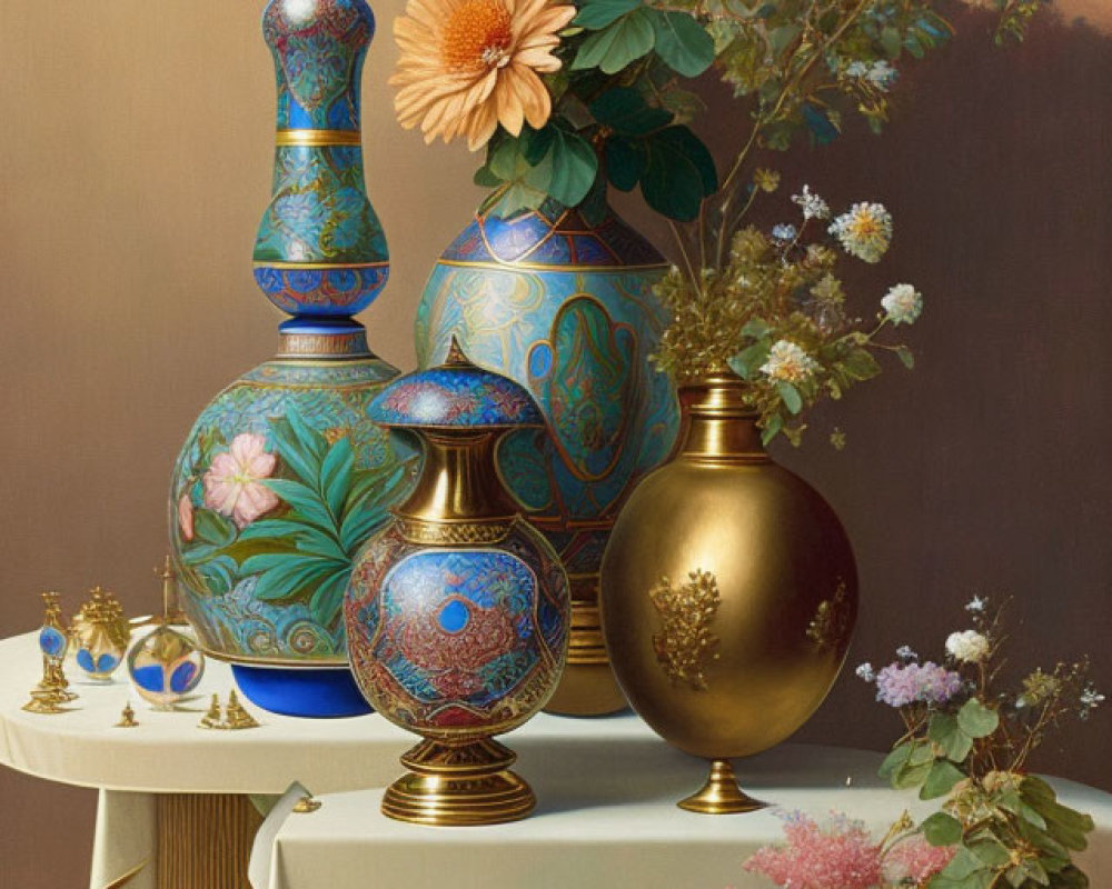 Colorful Flower Bouquet and Ornate Vases Still Life Painting