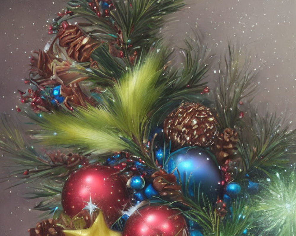 Vibrant baubles and pine cones on a Christmas tree.