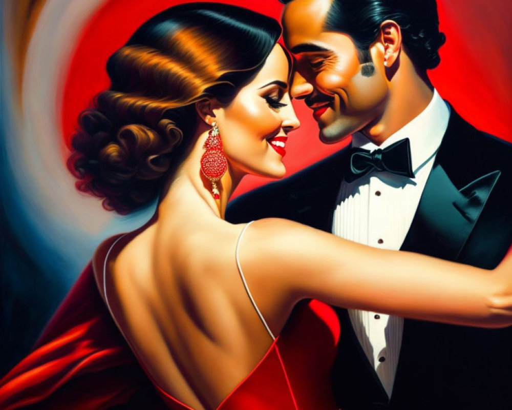 Stylized painting of elegant couple in formal attire against red backdrop