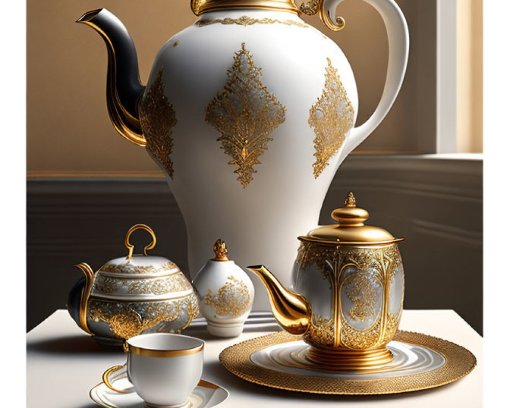 White and Gold Porcelain Tea Set on Table with Sunlight