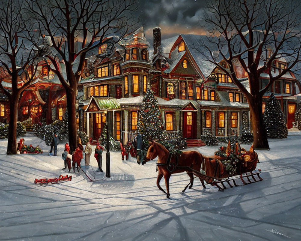 Winter Horse-Drawn Sleigh Scene with Victorian Christmas House