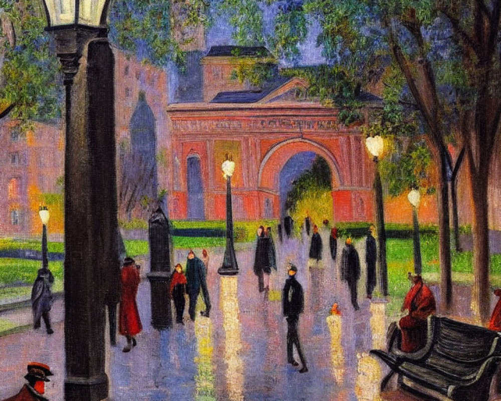 City park painting: bustling dusk scene with strolling figures, street lamps, benches, and archway