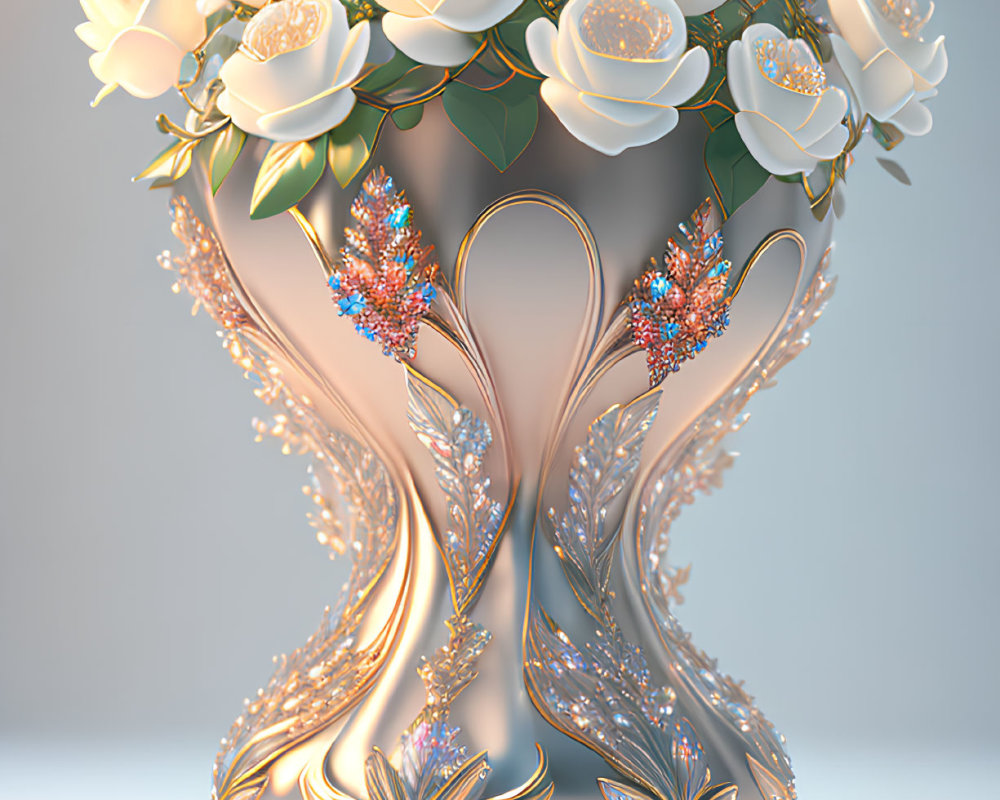 Ornate decorative vase with white flowers and jeweled branches