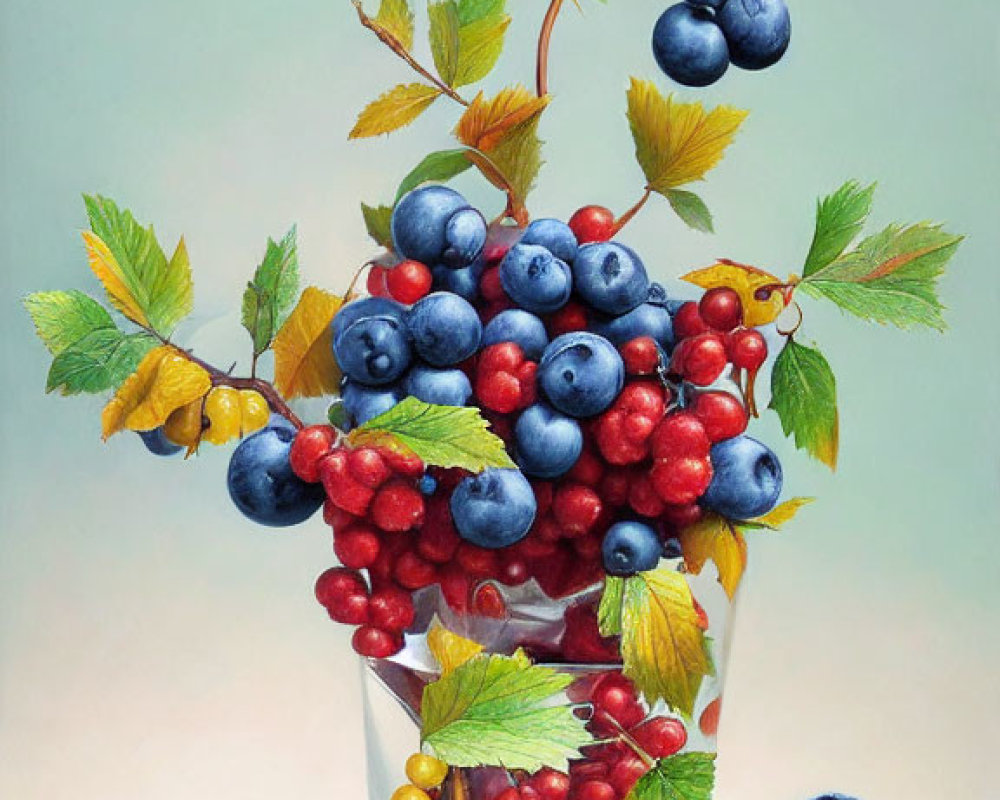 Realistic painting of glass with blueberries and red currants