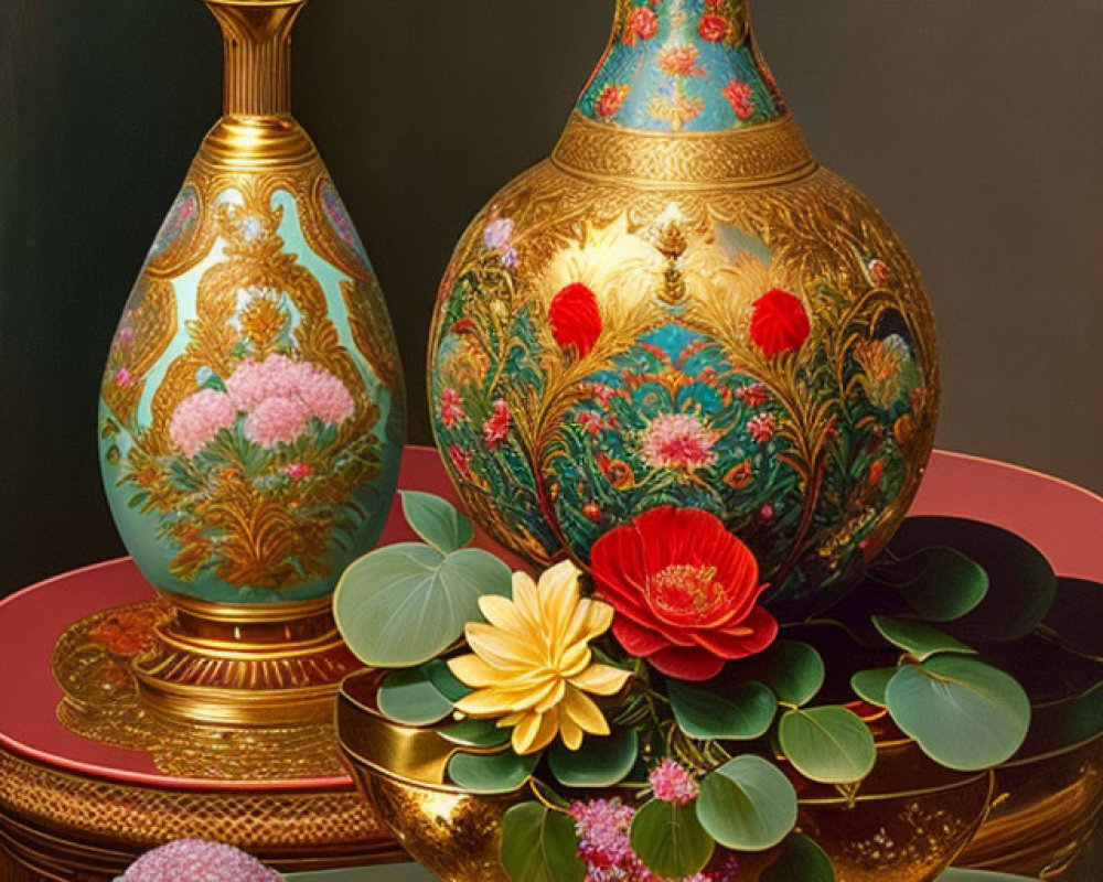 Ornate vases, decorative flowers, leaves, and pink spheres on reflective table