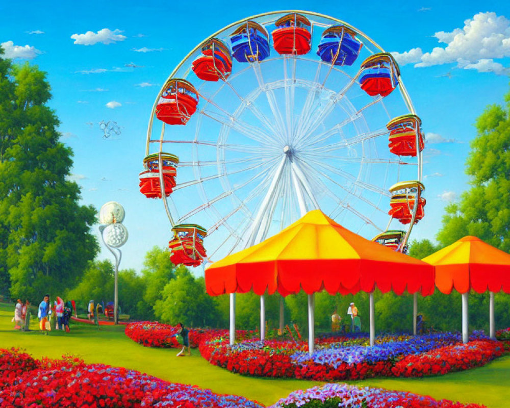 Colorful Ferris Wheel and Flowerbeds in Amusement Park Scene