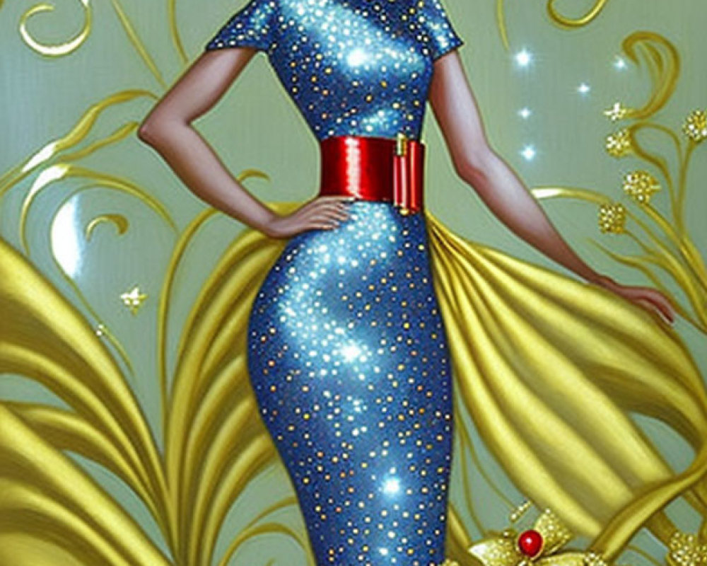 Illustrated Woman in Sparkling Blue Dress with Red Hat and Golden Floral Background