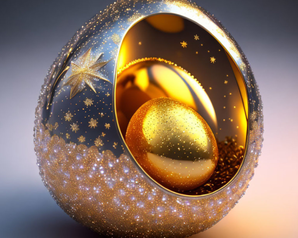 Shiny egg-shaped object with smaller golden egg inside, stars, and gradient background