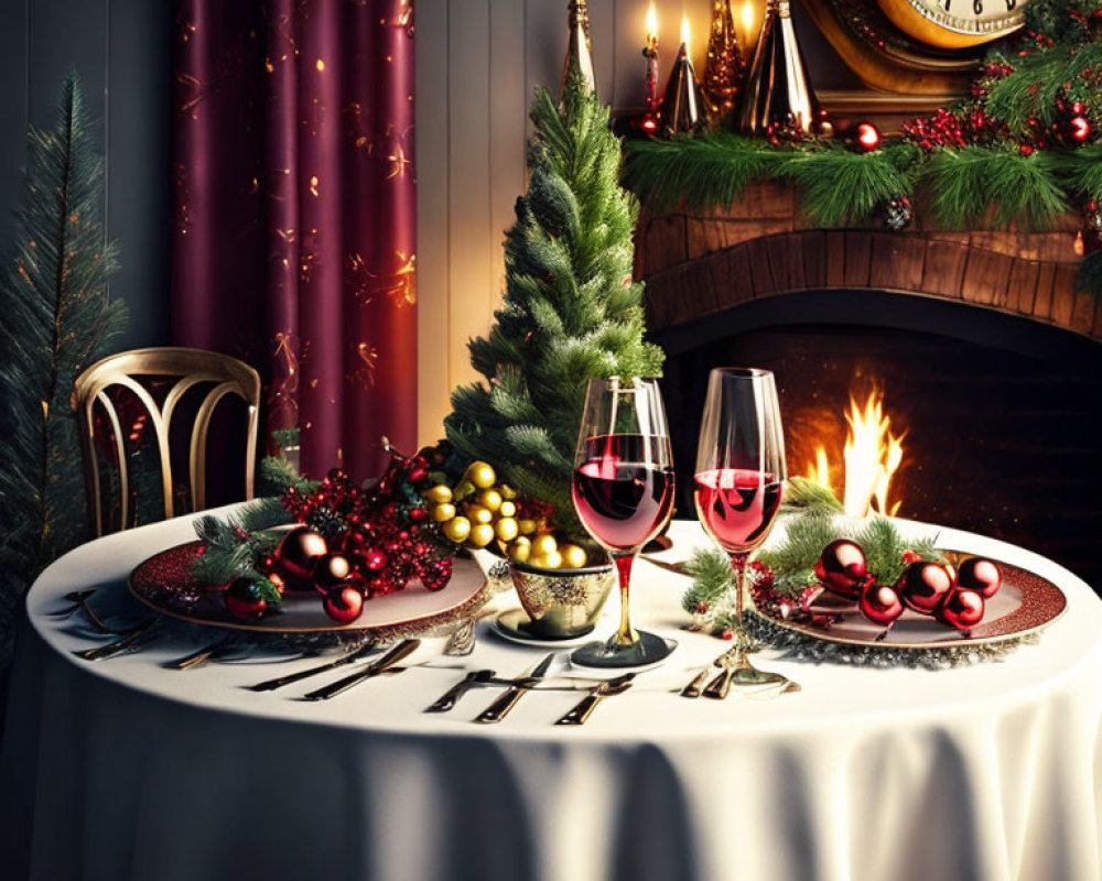 Festive Christmas table setting with red wine glasses and fireplace