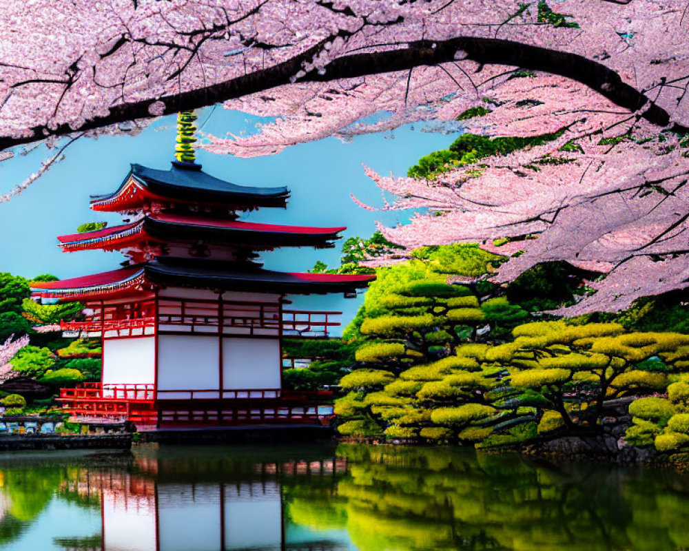Japanese Pagoda Surrounded by Cherry Blossoms and Pond
