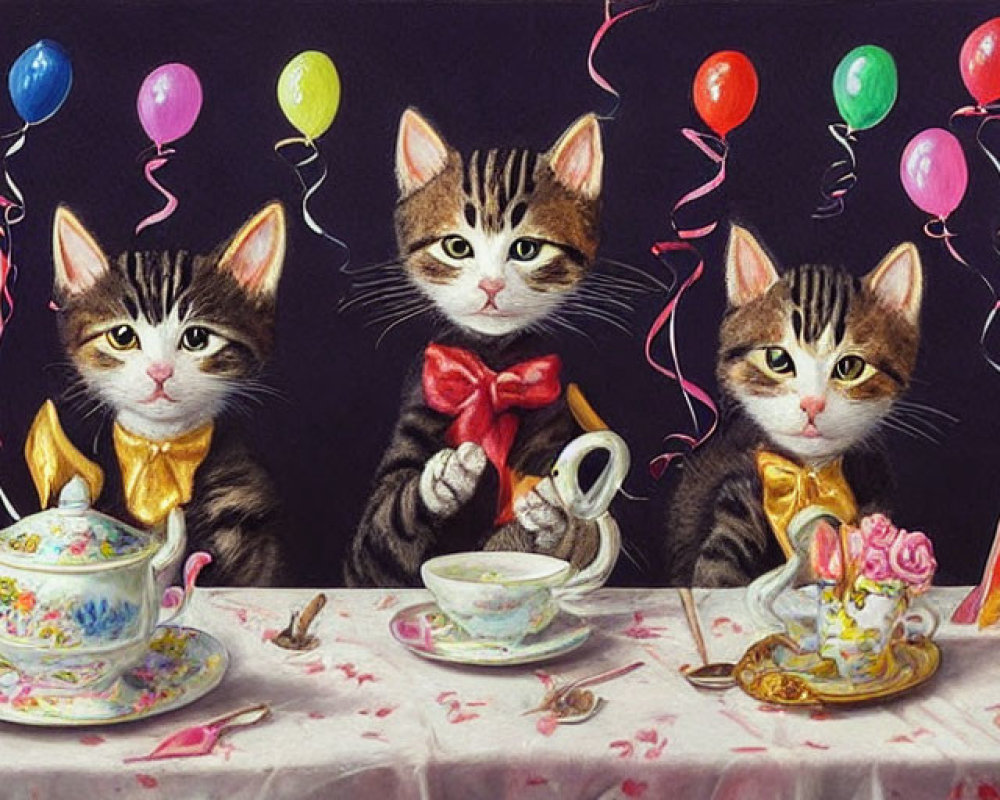 Four kittens at a tea party with bow ties, balloons, and confetti