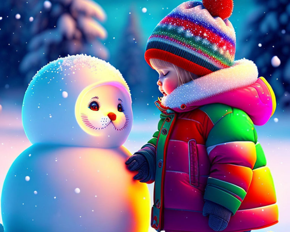 Child in Colorful Winter Outfit with Snowman in Snowy Night Sky