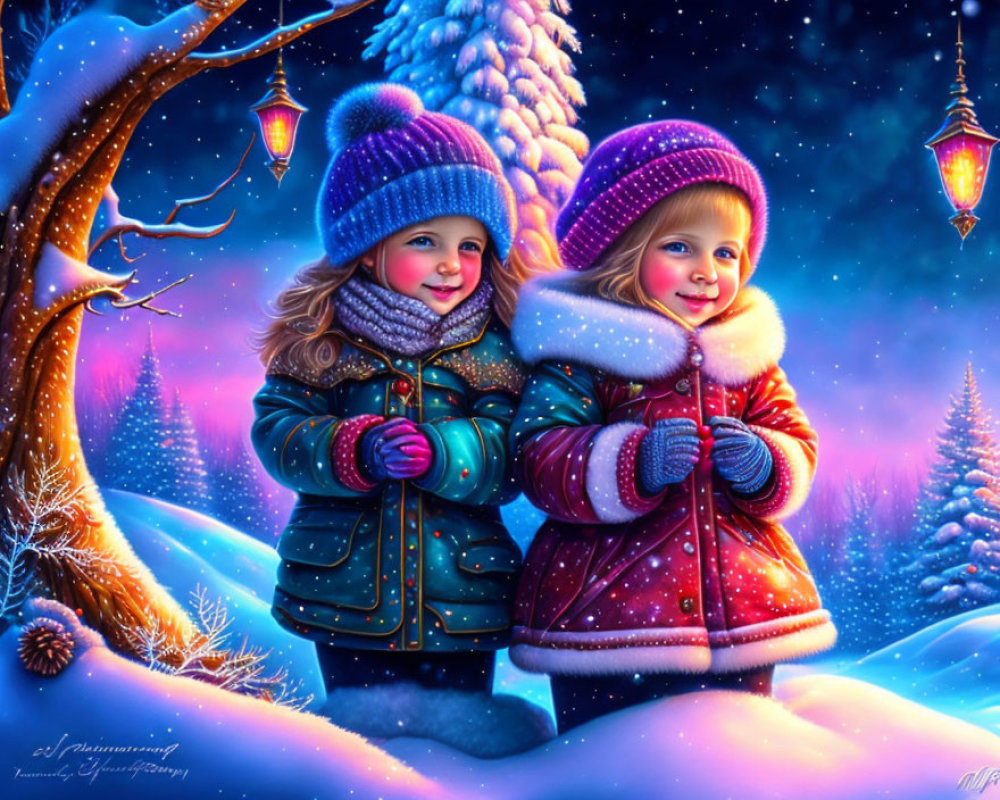 Two Smiling Children in Winter Scene with Snowy Landscape and Lanterns