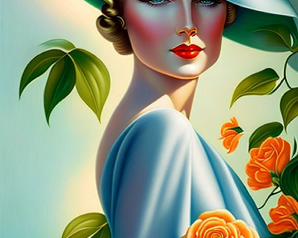 Vibrant painting of woman with red lips and blue hat with orange flowers