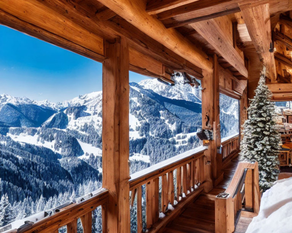 Snow-covered alpine landscape viewed from wooden mountain chalet balcony