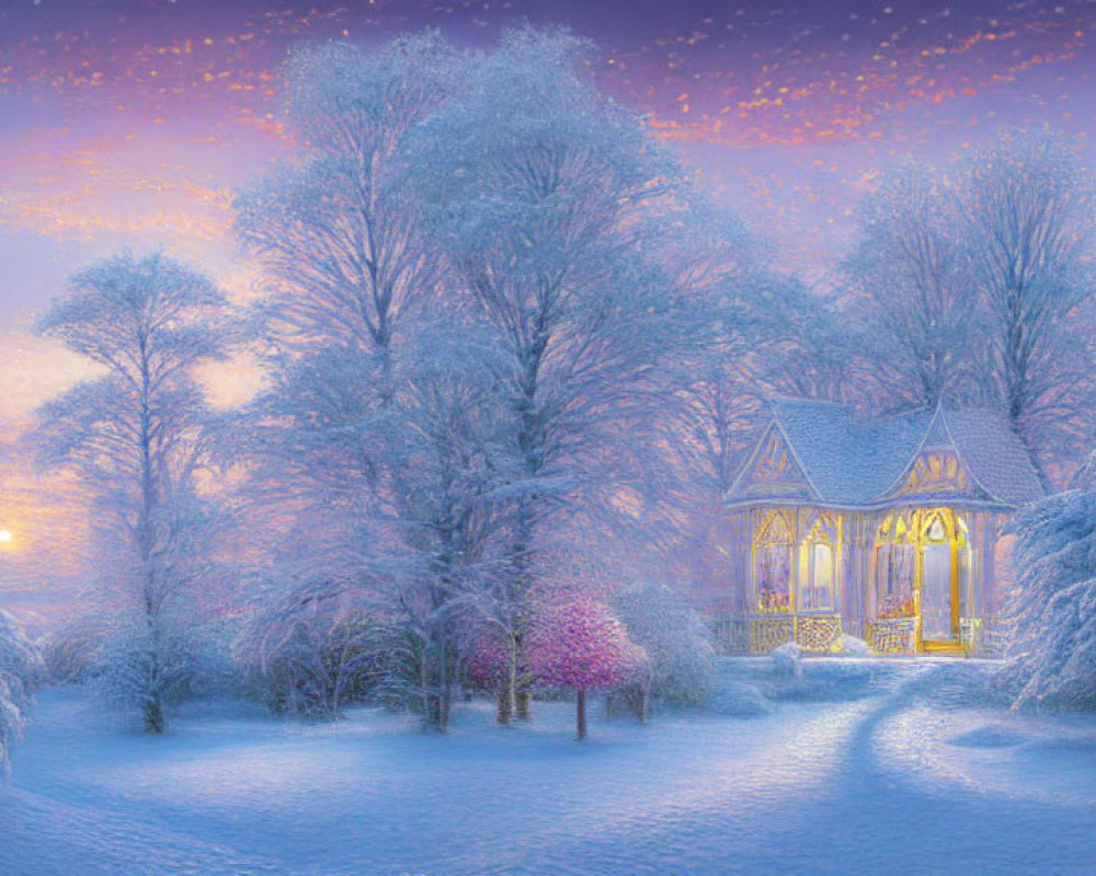 Snow-covered trees and illuminated gazebo in magical winter scene