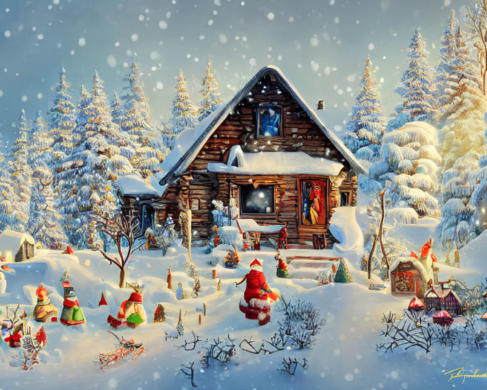 Snow-covered cabin with Santa figure in winter scene.