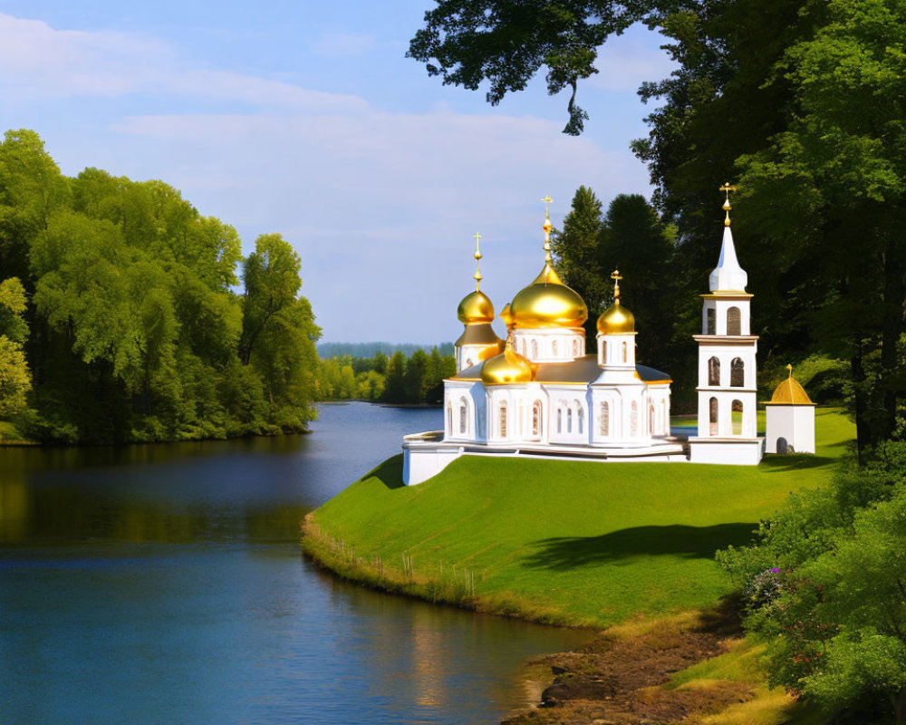 Golden-domed church on green riverbank with lush trees and blue sky