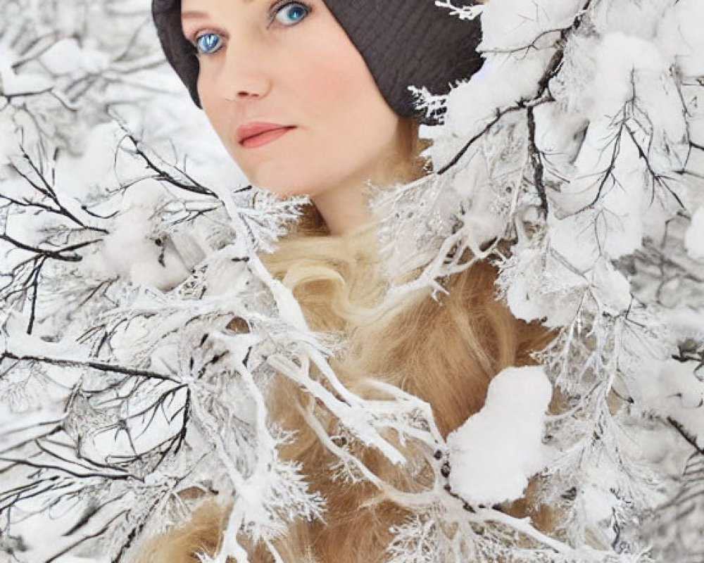 Blue-eyed woman with long blonde hair in black beanie peeks through snow-covered branches