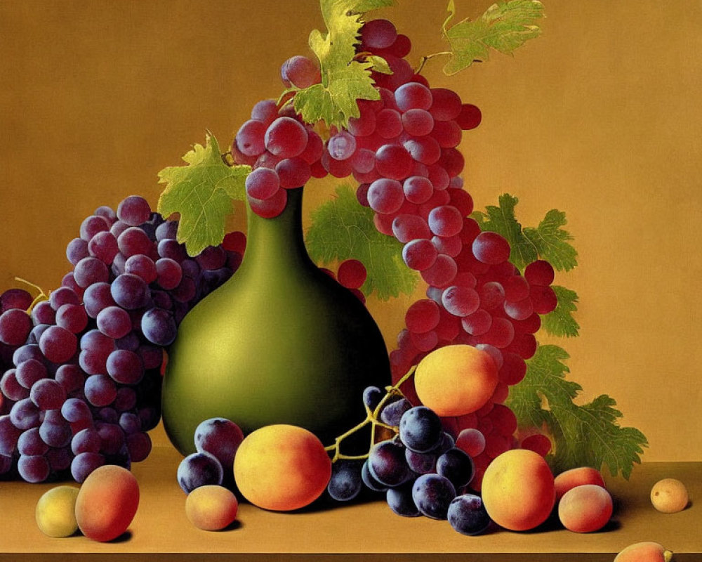Classic still life painting with grapes, apricots, plums, and green glass bottle on golden