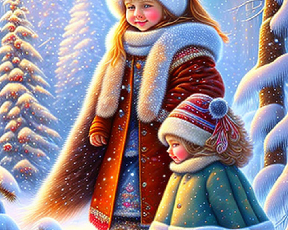 Children in winter clothing in snowy landscape with pine trees.
