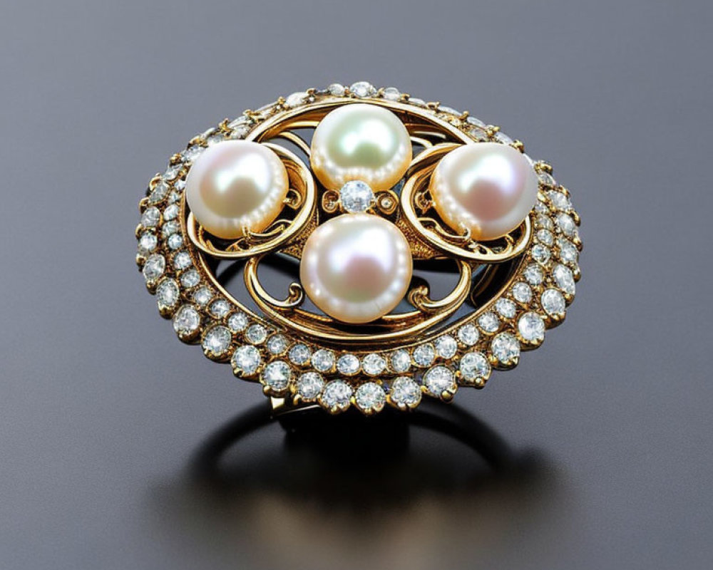 Gold Brooch with Pearls & Diamonds on Dark Background
