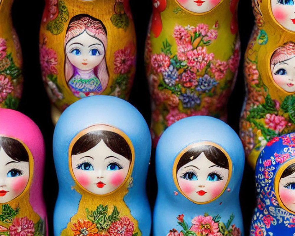 Vibrant Matryoshka Dolls with Floral Patterns and Different Faces