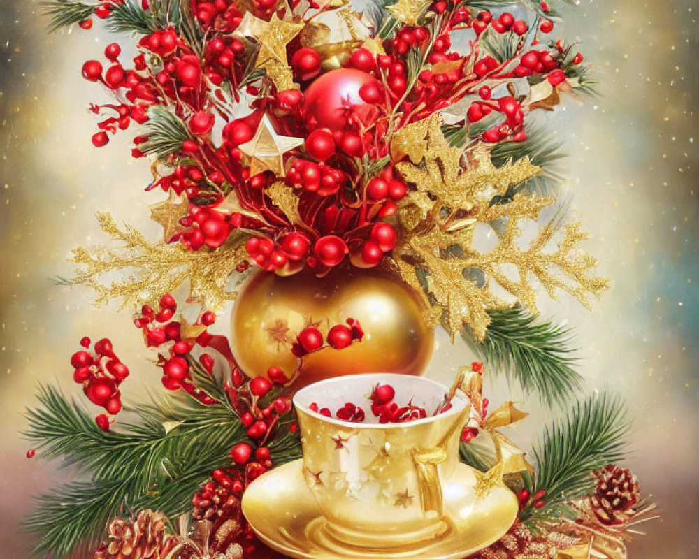 Festive Christmas arrangement with red berries and golden baubles in golden cup