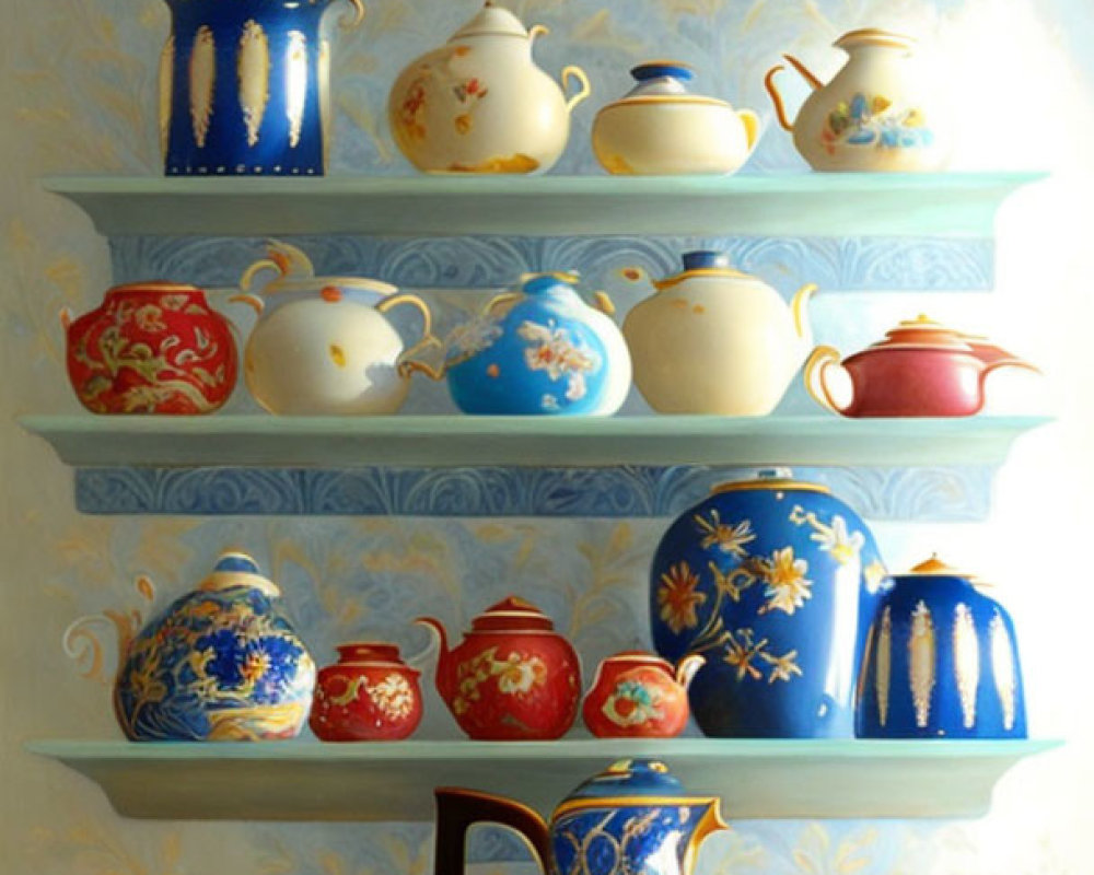 Colorful Porcelain Teapots Displayed with Red, Blue, Yellow, and White Designs
